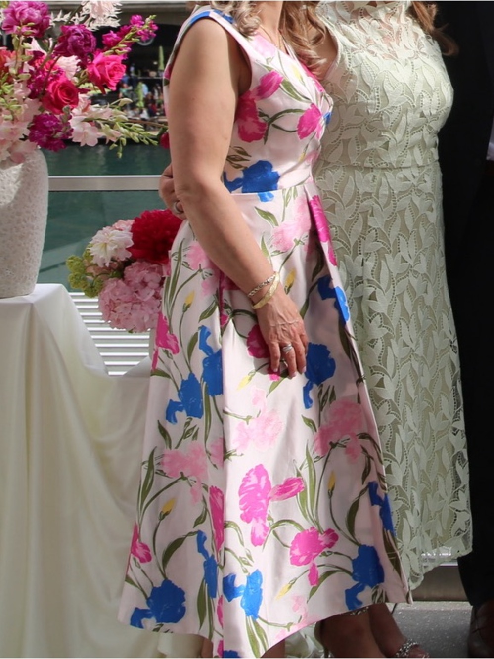 Kay Unger Cream Midi Dress with Pink & Blue Floral Print